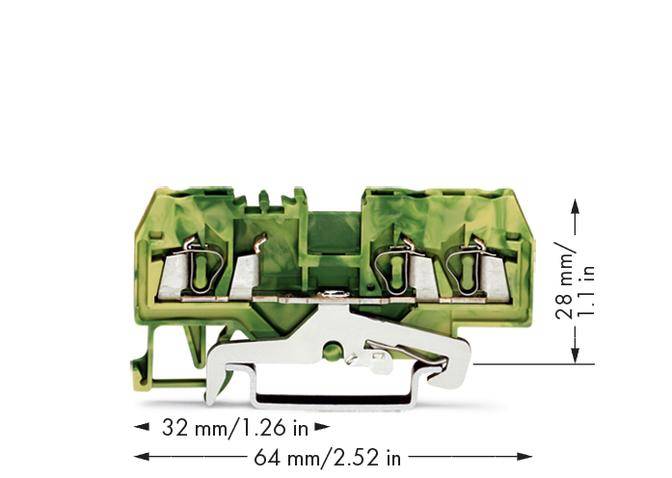 Grüner elektrischer Klemmenblock mit drei Anschlüssen. Maße: Breite 64 mm, Tiefe 32 mm, Höhe 28 mm.