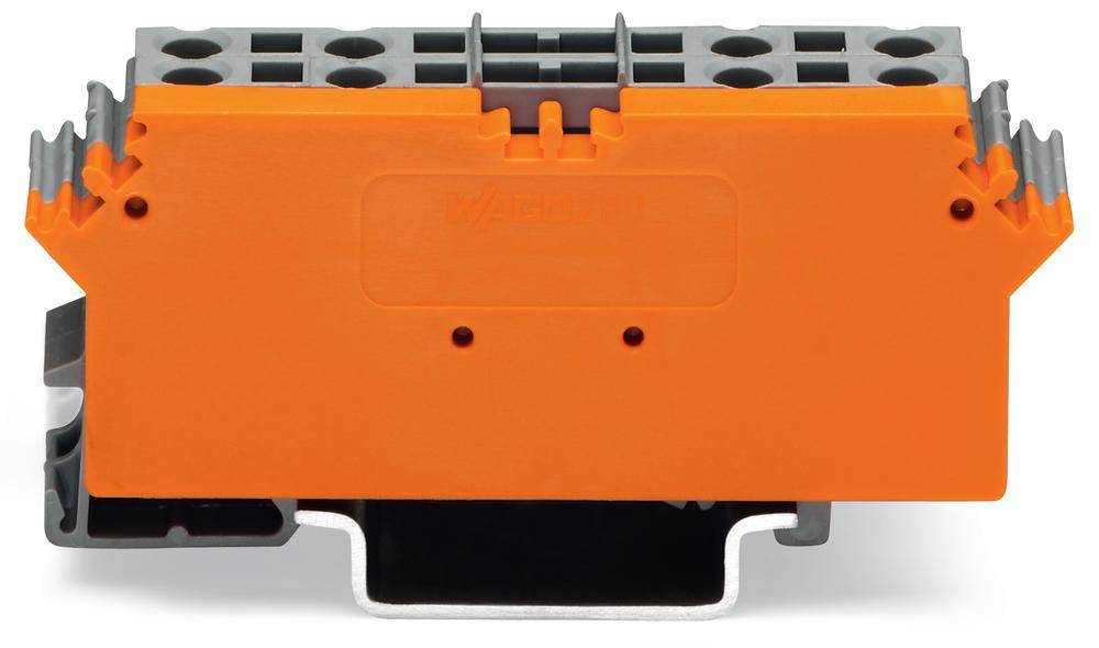 Ein oranges Steckverbindungselement mit mehreren Anschlussöffnungen, verwendet für elektrische Verbindungen in Industrieanwendungen.