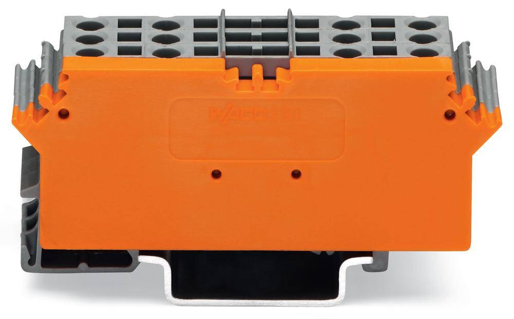 Oranger Mehrfachsteckverbinder mit grauen Anschlüssen, geeignet für industrielle Anwendungen.