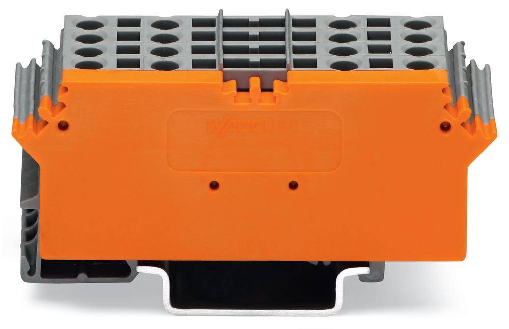 Eine elektrische Klemme mit grauer Grundstruktur und orangefarbenem Mittelteil, verwendet zur sicheren Verbindung von Drähten.
