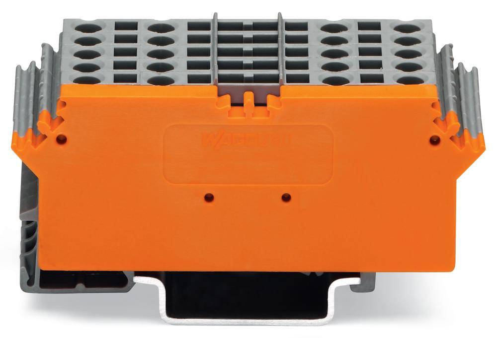 Orange-grauer elektrischer Steckverbinder mit mehreren Steckplätzen für Kabelanschlüsse, verwendet in industriellen Anwendungen.