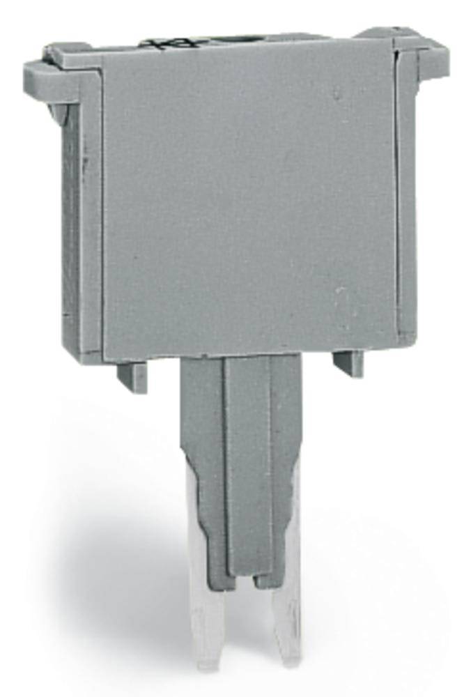 Grauer elektrischer Steckanschluss mit zwei Metallstiften zur Montage in elektrischen Geräten oder Schaltkästen.