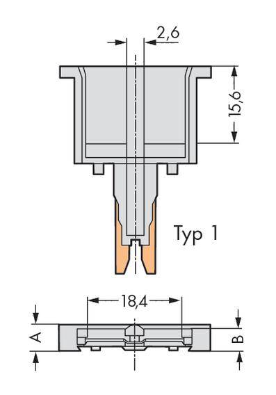 Technische Zeichnung eines Steckkontakts, Vorderansicht und Seitenansicht, Typ 1. Maße: 2,6 mm Breite, 15,6 mm Höhe, 18,4 mm Länge.