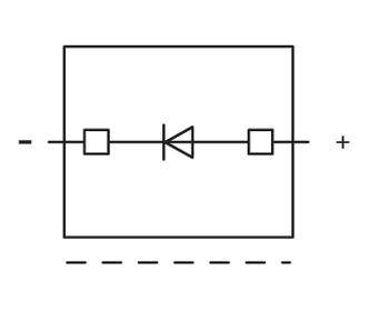 Schaltsymbol eines Gleichrichters: Rechteck mit Diode und zwei Quadraten innen, Pfeil deutet Stromrichtung von links nach rechts an.