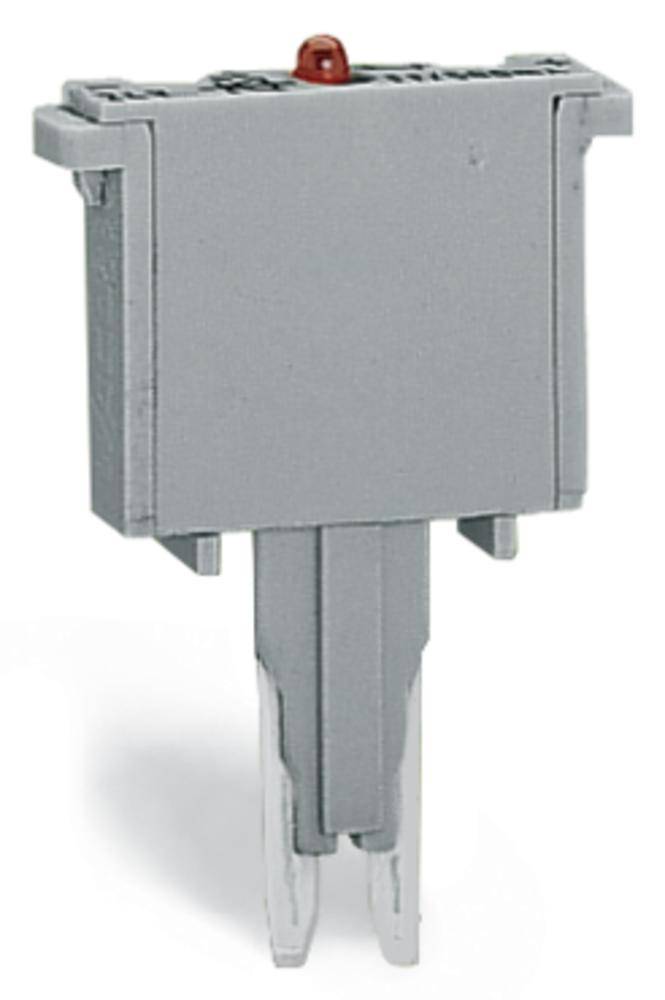 Grauer, rechteckiger elektronischer Steckverbinder mit zwei Metallstiften und einem roten Punkt oben.