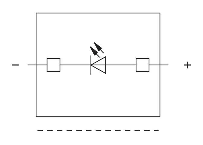 Schaltsymbol eines Optokopplers: Diode in einem Rechteck, mit Pfeilen zur Diode und zwei Anschlusspins.