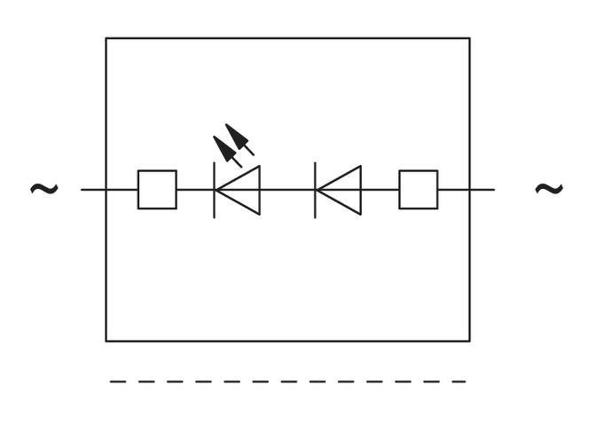Elektronische Schaltung mit symbolisch dargestellten Halbleiterelementen, zwei Dioden in Serie mit Widerständen, Wechselstromanschluss.