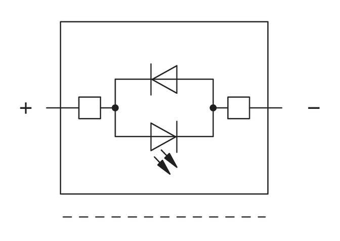 Elektronisches Schaltbild mit zwei Dioden und LED in Antiparallelschaltung zwischen zwei quadratischen Komponenten, Plus- und Minuspol.