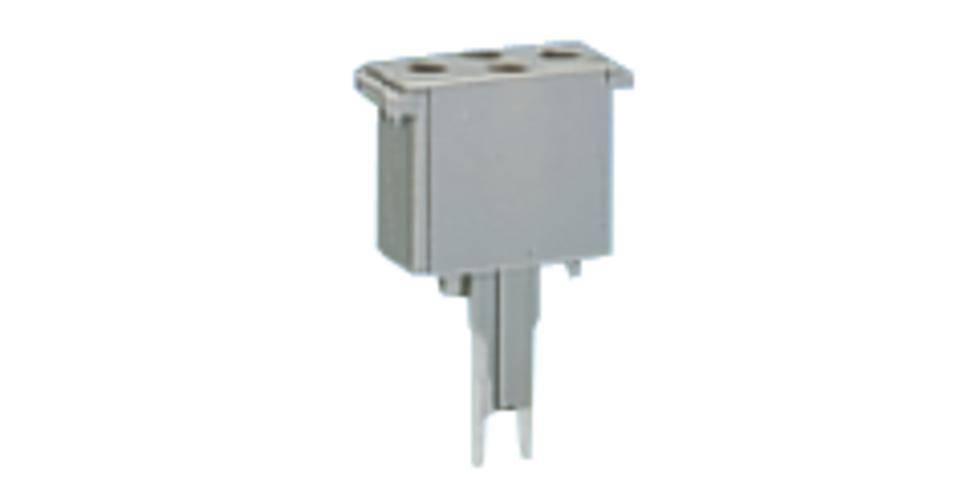 Elektronischer Bauteilstecker, rechteckige Form, mit drei Steckanschlüssen oben und zwei Verlängerungen unten zur Verbindung.