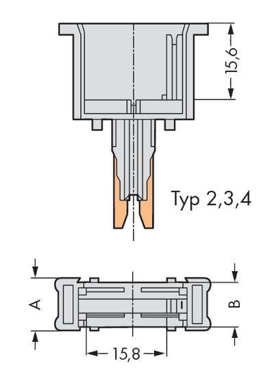 Technische Zeichnung eines Steckverbinders mit Maßangaben: 15,6 mm Höhe, 15,8 mm Breite, Typ 2,3,4. Zwei Ansichten: seitlich und frontal.