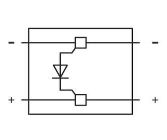 Elektronisches Schaltkreissymbol zeigt einen Gleichrichter mit einer Diode, zwei Anschlüsse an jeder Seite, Plus- und Minuszeichen markiert.