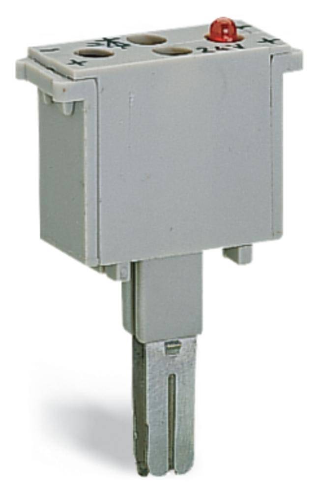 Ein rechteckiges, graues elektrisches Bauteil mit Metallanschluss und rotem Punkt oben, vermutlich ein Sensor oder Schalter.