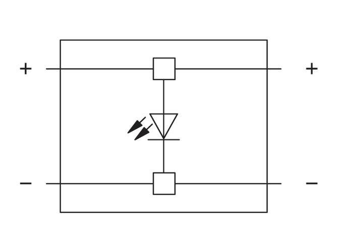 Schaltsymbol einer Diode in einem Rechteck, das einen Verstärker darstellt, mit Plus- und Minusanschlüssen links und rechts.