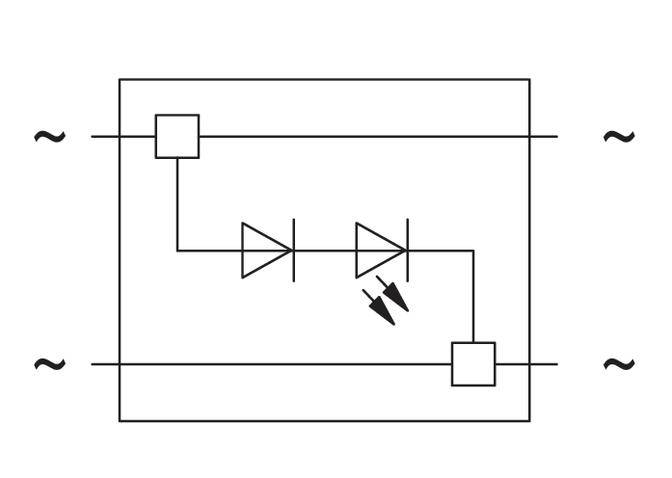 Schaltplan eines Gleichrichters mit zwei Dioden und einer Leuchtdiode in Serie, zeigt Stromflussrichtung von Wechsel- zu Gleichstrom.