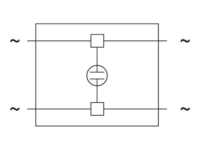 Schaltungsschema mit elektronischen Bauteilen: Zwei Rechtecke, ein Kreis in der Mitte; symmetrische Anordnung, Verbindungslinien.