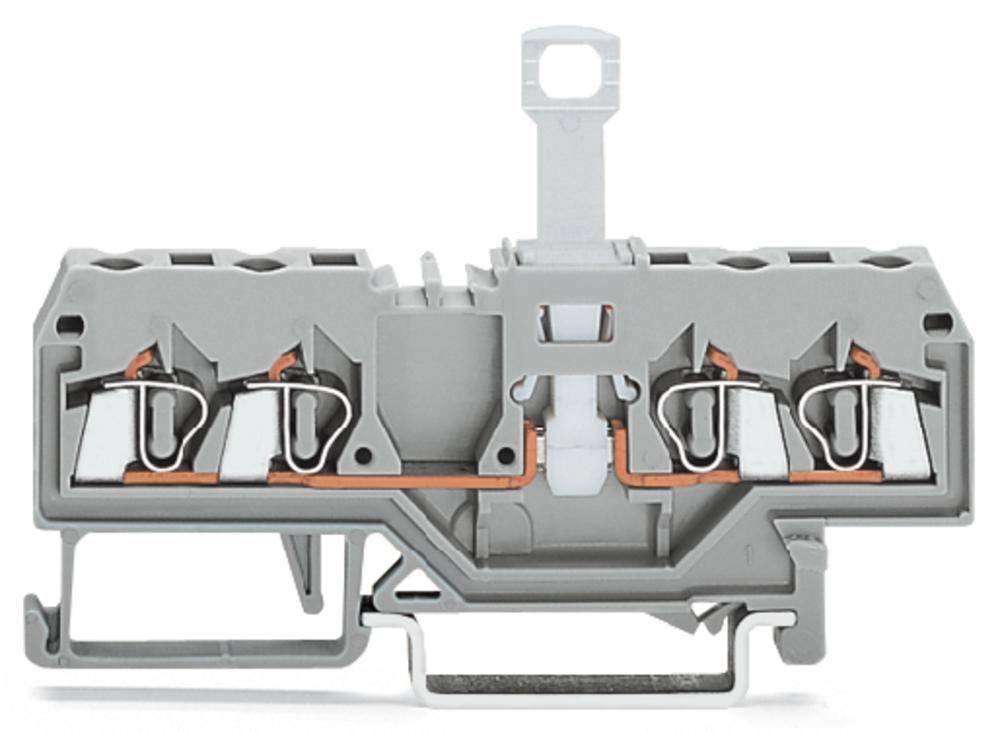 Graue Installationsklemme mit drei Steckplätzen. Sie zeigt die Kupferkontakte und den Mechanismus zur Befestigung elektrischer Leitungen.