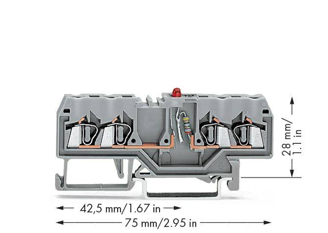 Grau-orangefarbene Klemme mit fünf Anschlüssen und LED-Anzeige. Abmessungen: 42,5 mm x 28 mm x 75 mm.