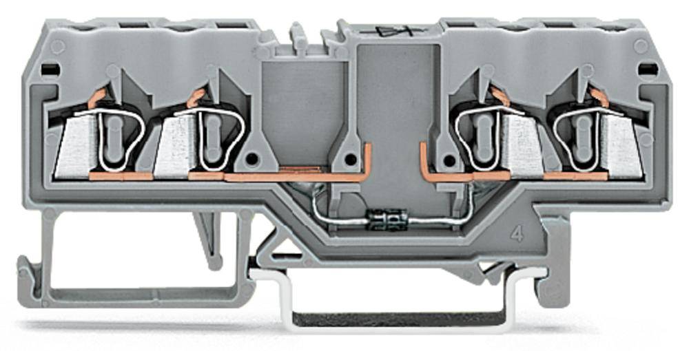 Grauer mehrpoliger elektrischer Reihenklemmenblock mit Kupferverbindungen und Klemmen, zur sicheren Verdrahtung von elektrischen Leitungen.