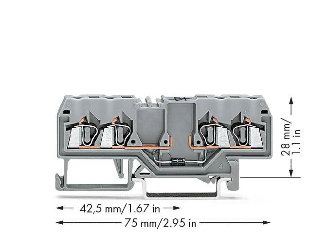 Grau-orange Klemmenblock mit vier Anschlüssen. Maße: 42,5 mm hoch, 75 mm breit, 28 mm tief. Klemmen sind seitlich sichtbar.