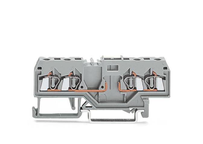 Graue elektrische Klemme mit mehreren Kupferverbindungen, geeignet für die Verdrahtung in elektrischen Schaltkästen.