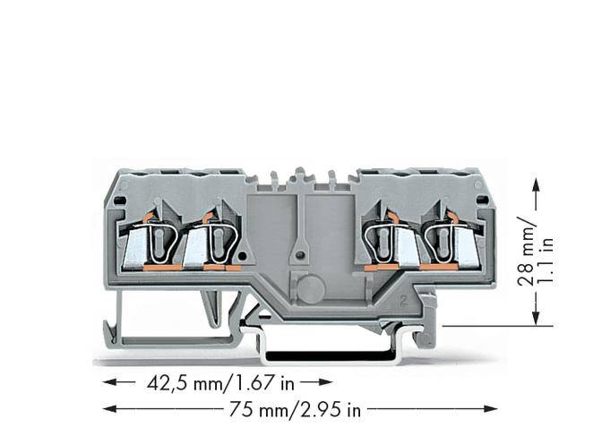 Querschnitt einer grauen elektrischen Reihenklemme mit Maßen: Höhe 28 mm (1,1 in), Breite 42,5 mm (1,67 in), Länge 75 mm (2,95 in).