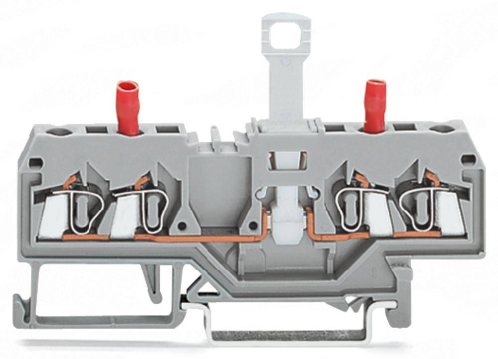 Grauer Doppelstock-Reihenklemmenblock mit roten Anschlusskappen und Hebelmechanismus, geeignet für die Verdrahtung elektrischer Systeme.