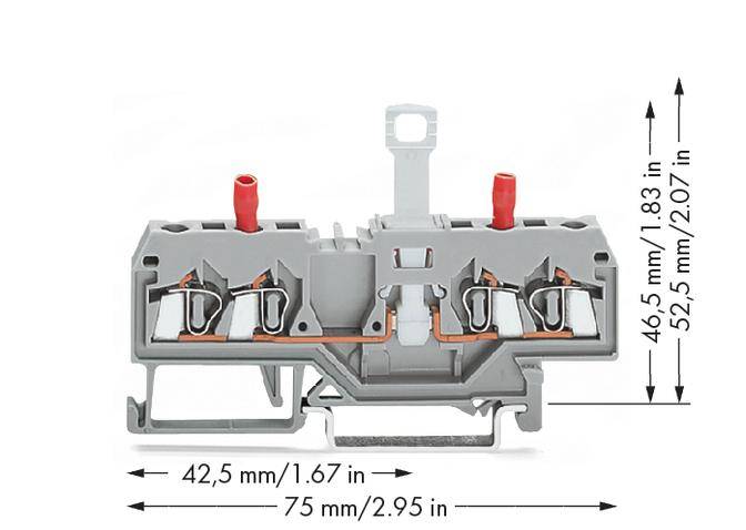 Abbildung zeigt eine graue Anschlussklemme mit Maßen: Breite 42,5 mm, Länge 75 mm, Höhe 46,5 mm bis 52,5 mm. Zwei rote Anschlüsse oben.