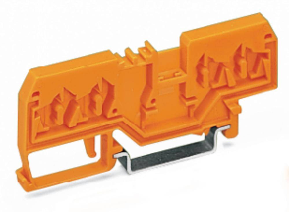 Ein orangefarbener elektrischer Steckverbinder mit Metallklammer, geeignet zur Befestigung auf einer DIN-Schiene.