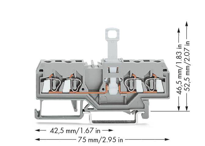 Klemmleiste aus grauem Kunststoff, Breite 75 mm, Höhe 52,5 mm, Breite zwischen Kontakten 42,5 mm. Dient zur elektrischen Verbindung von Leitern.