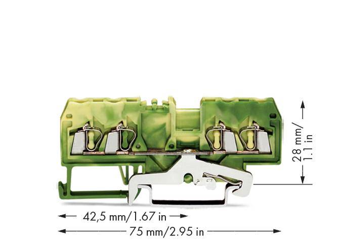 Grüne elektrische Klemme mit Messangaben: Breite 75 mm/2,95 Zoll, Höhe 28 mm/1,1 Zoll, Tiefe 42,5 mm/1,67 Zoll.