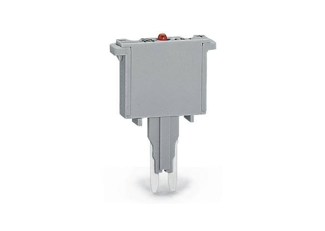 Graue elektrische Sicherung mit sichtbarem roten Indikator auf der Oberseite, verwendet zur Unterbrechung von Stromkreisen bei Überlast.
