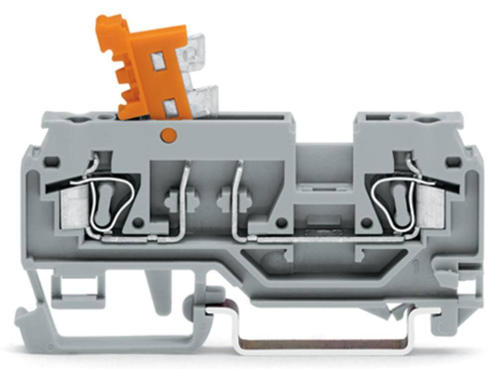 Eine graue elektrische Klemmenleiste mit einem orangefarbenen Hebel an der Seite. Sie zeigt interne Metallverbindungen und ist für Verdrahtung gedacht.