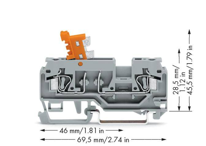 Bild eines grauen elektrischen Steckverbinders mit Orangen Clip oben. Maße: 46 mm x 69,5 mm x 28,5 mm.