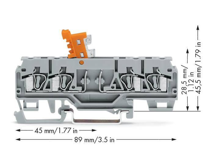 Grau-orange Klemmenblock mit 5 Einsteckmöglichkeiten und Maßen: 28,5 mm hoch, 45 mm tief, 89 mm breit. Arretiervorrichtung oben.