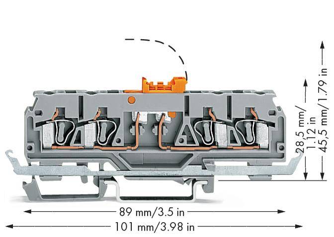Grauer Verteilerblock mit fünf Anschlüssen; Maße: 89 mm (Höhe), 101 mm (Breite). Versieht Kabel mit Verbindungen.