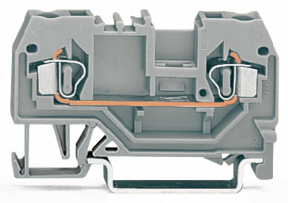 Grauer elektrischer Klemmblock mit metallischen Verbindungen. Geräteanschluss für elektrische Schaltungen.