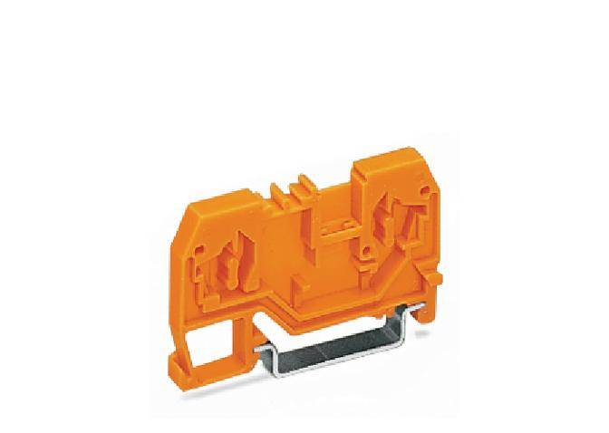 Ein orangefarbener Reihenklemmen-Adapter mit Metallbefestigung, geeignet für industrielle elektrische Verbindungen.