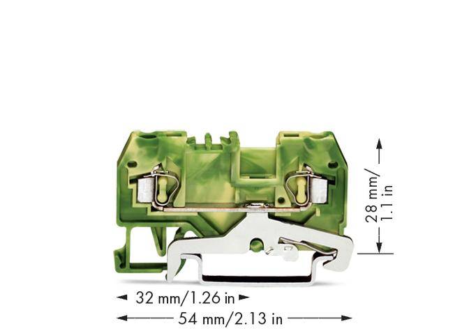 Grüner Anschlussklemme im Vordergrund, Maße sind 32 mm/1.26 in Breite und 28 mm/1.1 in Höhe.