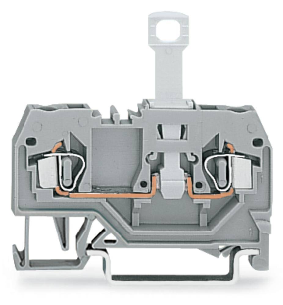 Graues elektrisches Reihenklemmen-Modul mit Kupferverbindungen, verwendet zur sicheren Drahtverbindung in Schaltschränken.