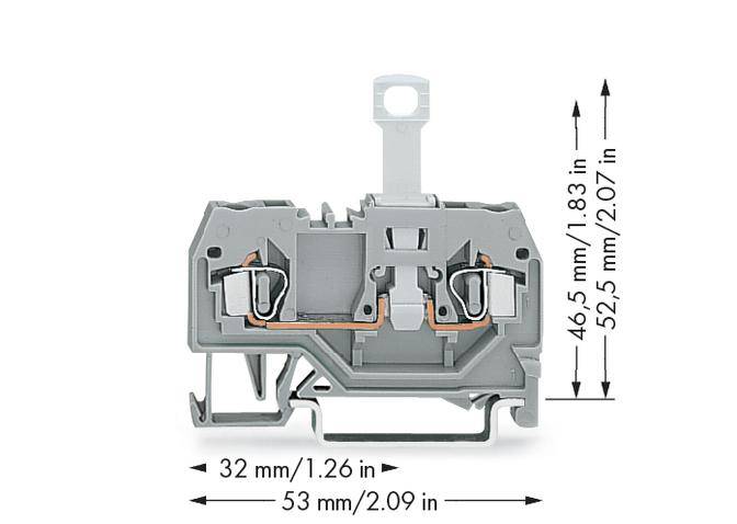 Ein grauer Reihenklemmenblock mit den Abmessungen 'Höhe: 46,5 mm (1,83 in), Breite: 53 mm (2,09 in), Tiefe: 32 mm (1,26 in)'.