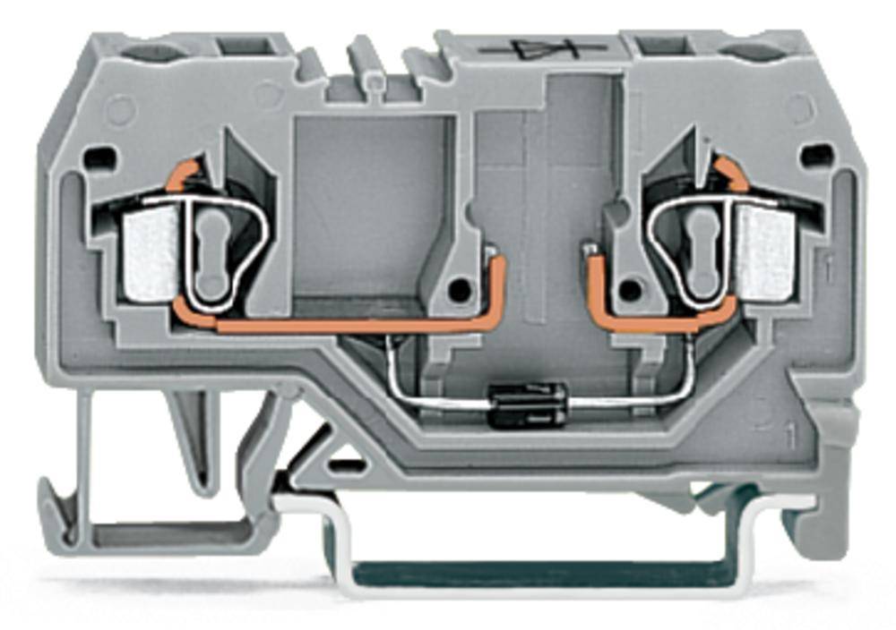 Graues Plastik-Bauteil mit Metallverbindungen, vermutlich eine elektrische Klemme. Enthält Kupferdrähte und Anschlüsse.