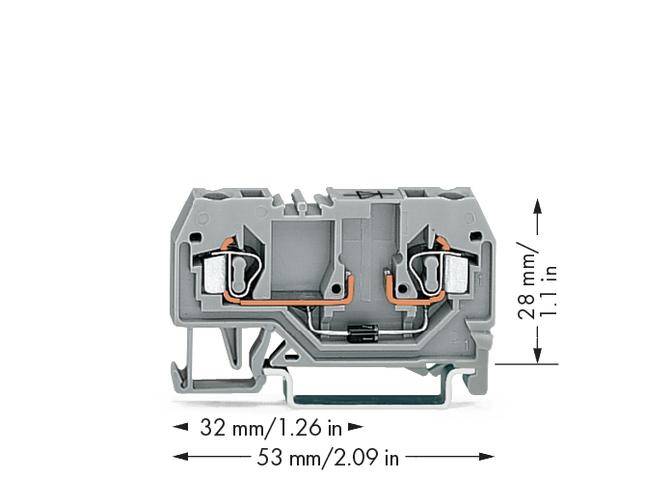 'Graue Federklemmleiste' mit Abmessungen von 32 mm (Breite) und 28 mm (Höhe). Die Kontakte sind auf beiden Seiten sichtbar.