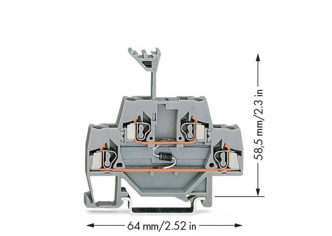 Graue, modulare Klemme mit vier Anschlüssen und einer Höhe von 58,5 mm und einer Breite von 64 mm.