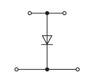 Elektronisches Schaltsymbol zeigt eine durchgeschaltete Diode in einem Kreis mit vertikalen und horizontalen Linien verbunden.