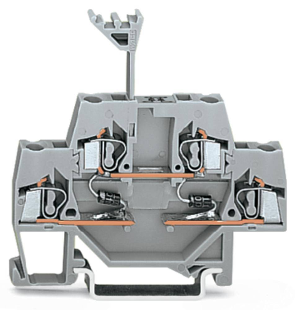 Ein grauer, industrieller Klemmenblock zur Verbindung elektrischer Leitungen, mit mehreren Befestigungspunkten und Kabeleinführungen.