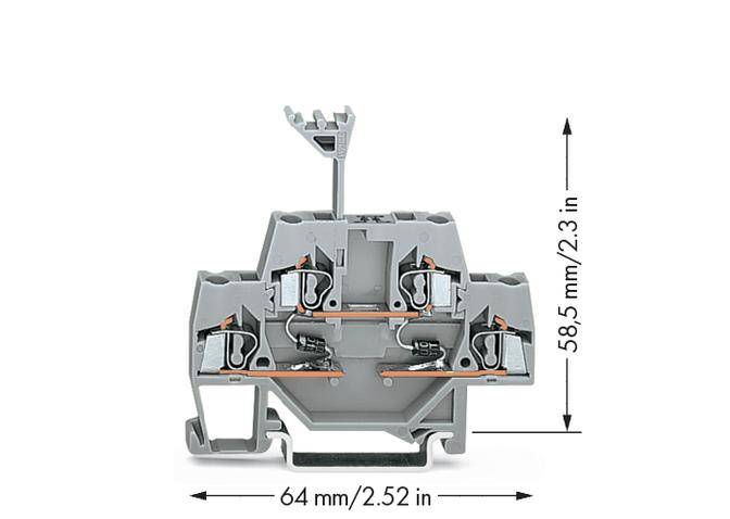 Grau-orange Anschlussklemme, Maße: 58,5 mm (Höhe) x 64 mm (Breite). Enthält mehrere Kontaktpunkte und einen herausragenden Leiterhalter.