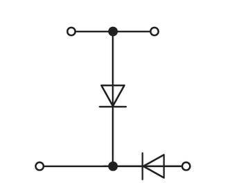 Schaltsymbol eines Gleichrichters mit Diode und Transistor. Oben ein Anschluss, unten Diode in Durchlassrichtung, rechts Transistor.