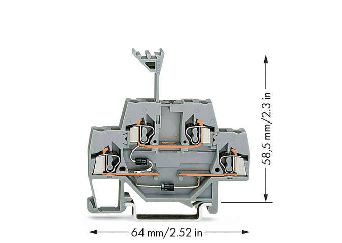 Querschnittsansicht eines grauen elektrischen Steckverbinders mit Maßen: 64 mm Breite, 58,5 mm Höhe. Zeigt interne Verdrahtung.
