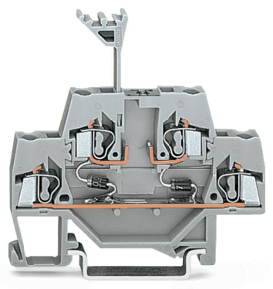 Grau-orange Reihenklemme mit Schraubverbindung, vier Anschlussstellen, geeignet für industrielle Anwendungen, stromführende Leiter.