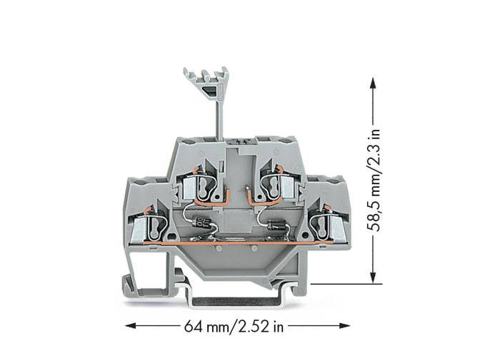 Grau-orangefarbenes elektrisches Bauteil mit Klemmen und Abmessungen: 64 mm (2,52 Zoll) Breite, 58,5 mm (2,3 Zoll) Höhe.